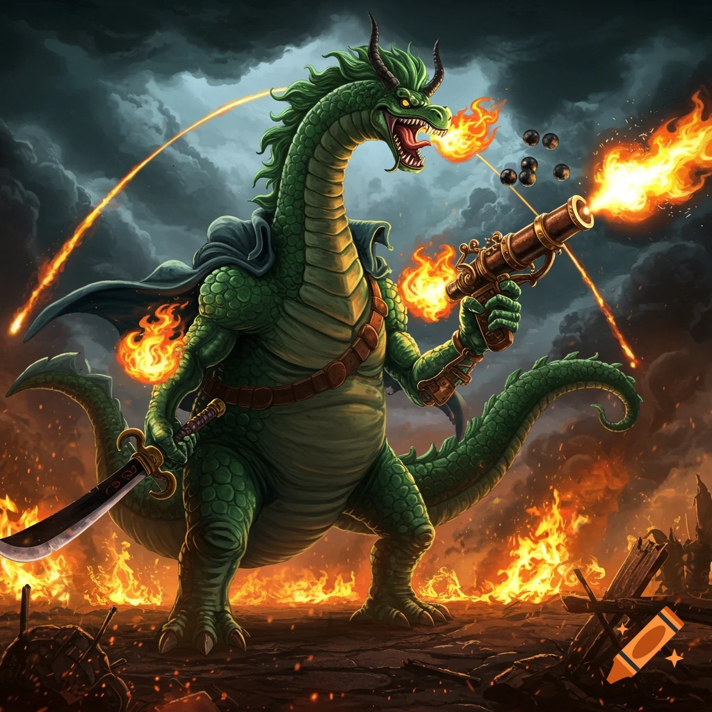 A green dragon-like monster with horns stands in a fiery battle, breathing fire, holding a sword and a blunderbuss.