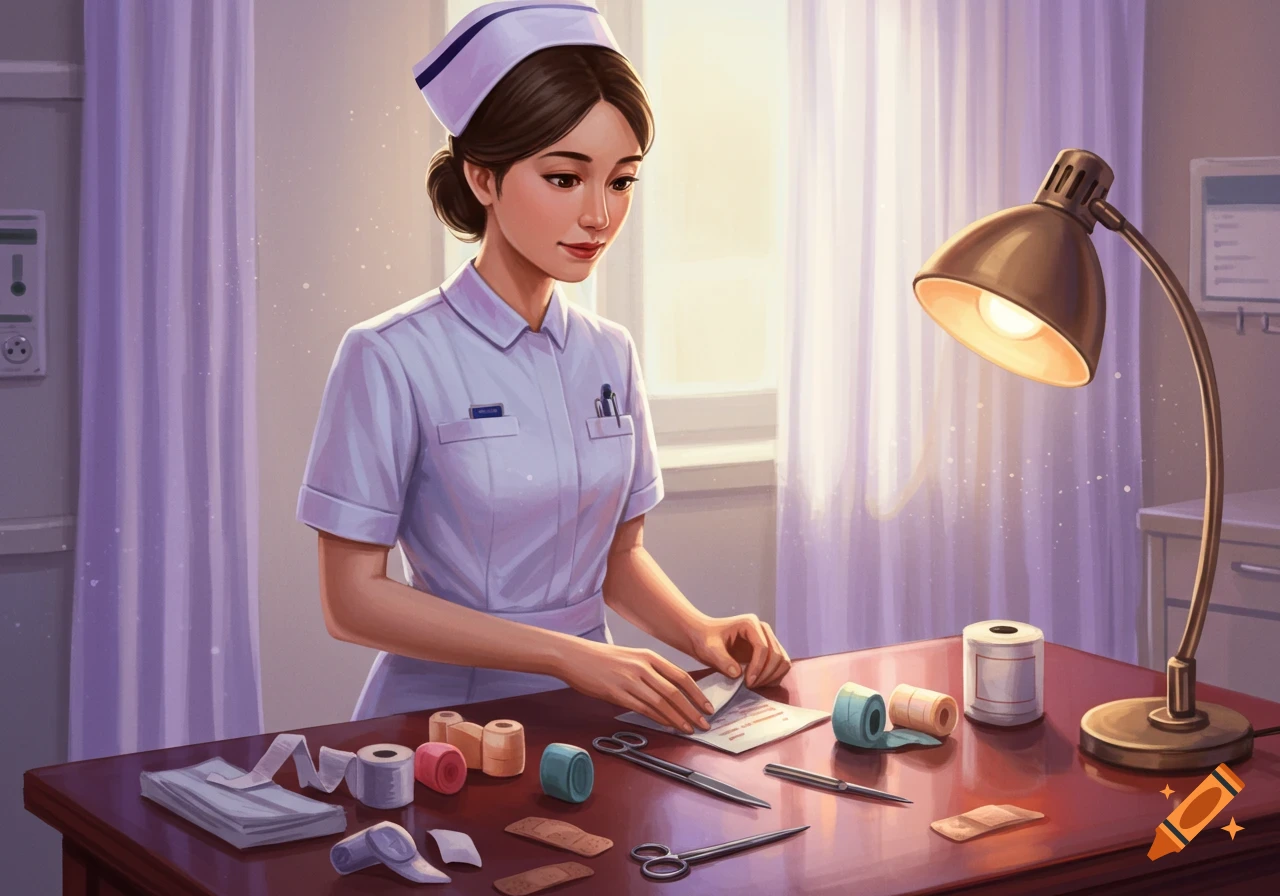 An illustration of a female nurse in uniform preparing medical supplies at a desk under a warm lamp light.