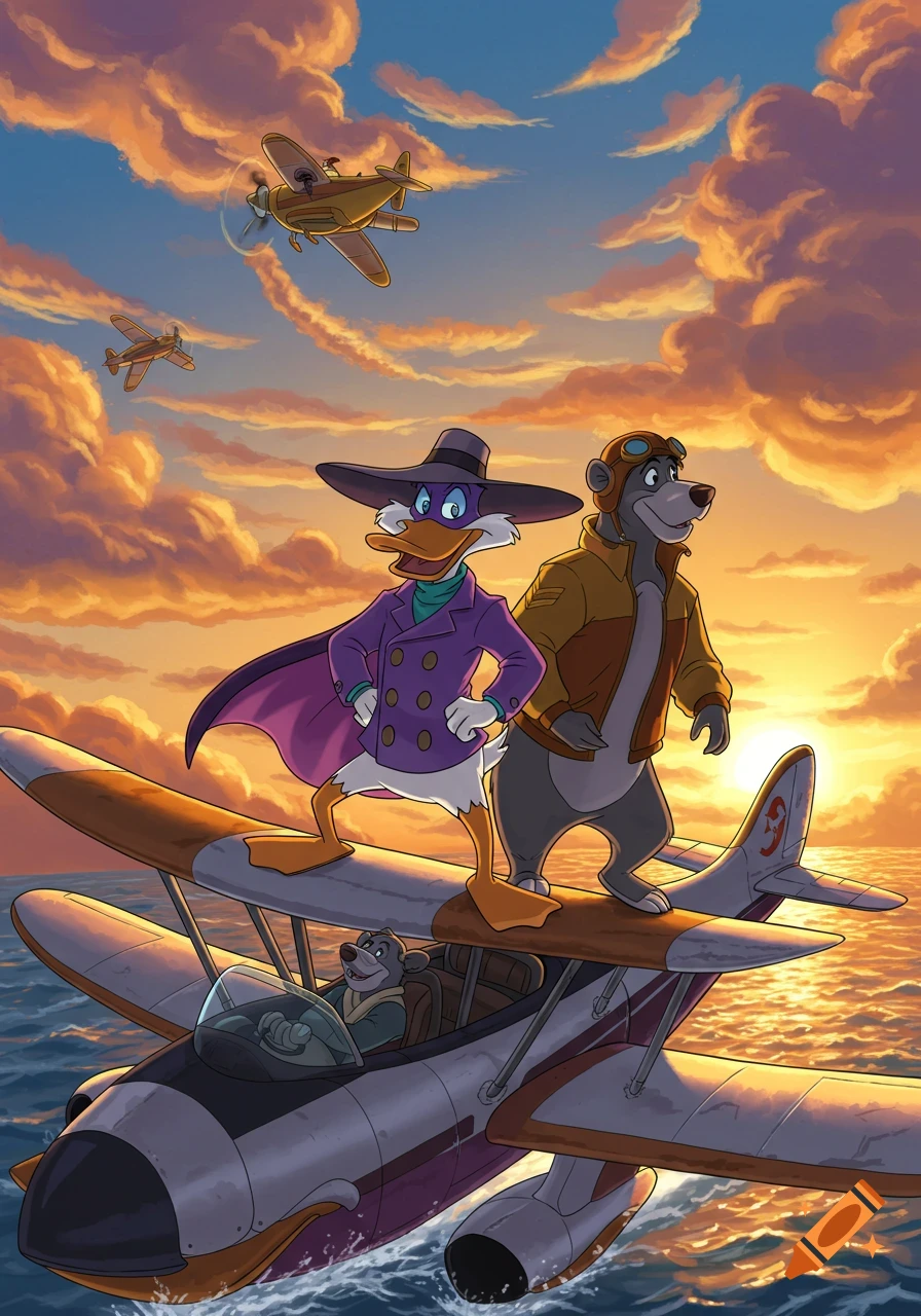 Darkwing Duck and Baloo stand on a seaplane, flying over water at sunset with other planes in the distance, in a vibrant cartoon style.