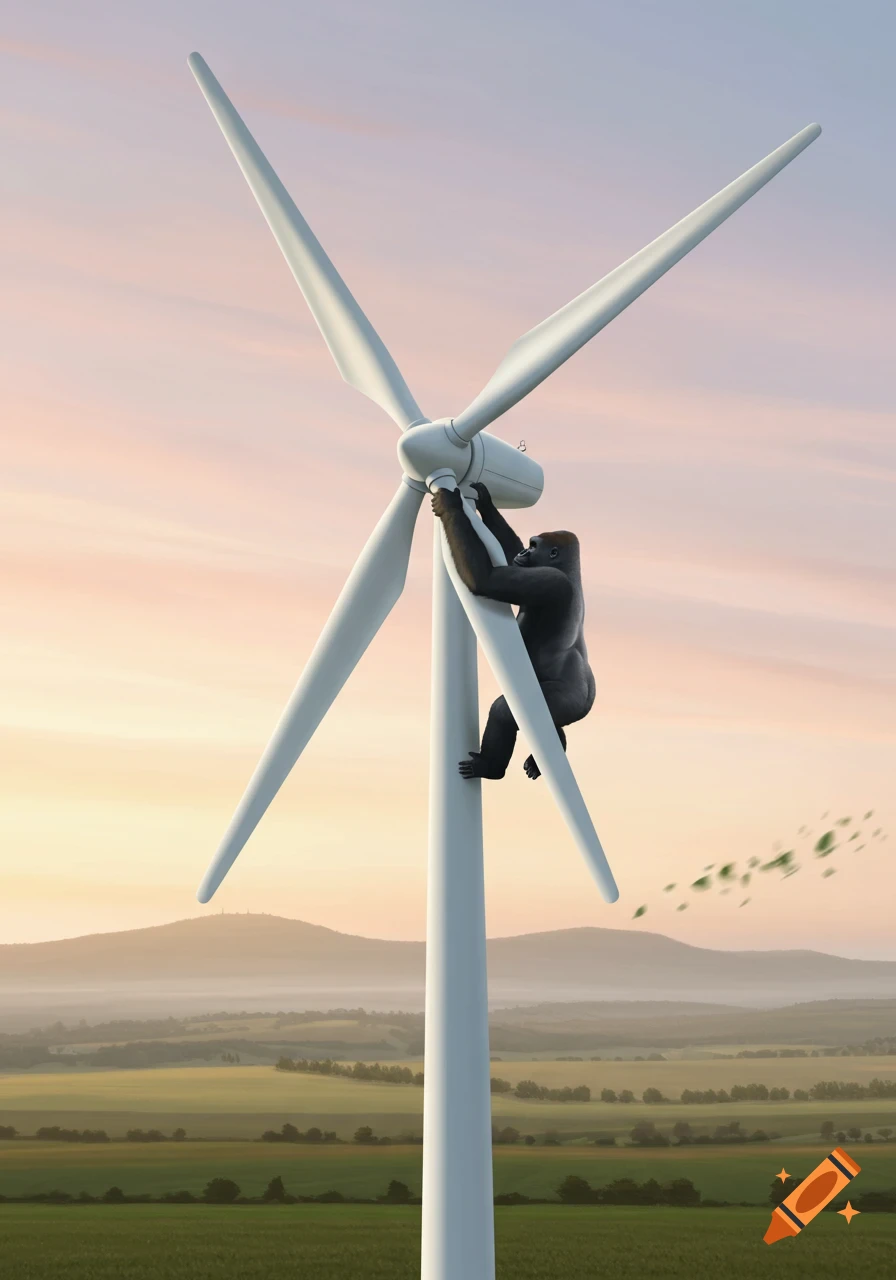 A photorealistic image of a gorilla climbing a three-blade wind turbine in a rural landscape at sunset.