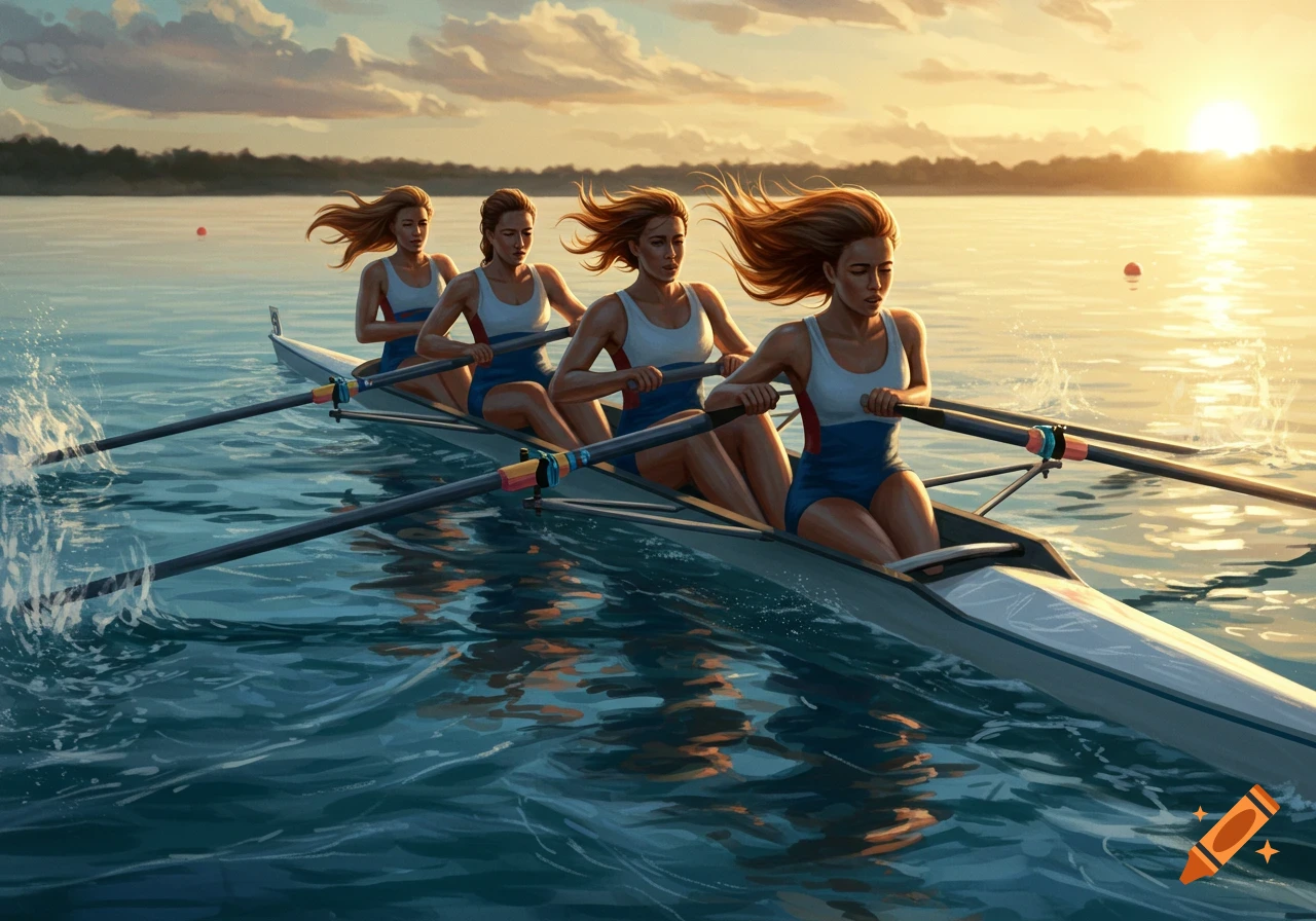 Four female rowers in a crew boat with long flowing hair on a calm lake at sunset, in an illustrative style.