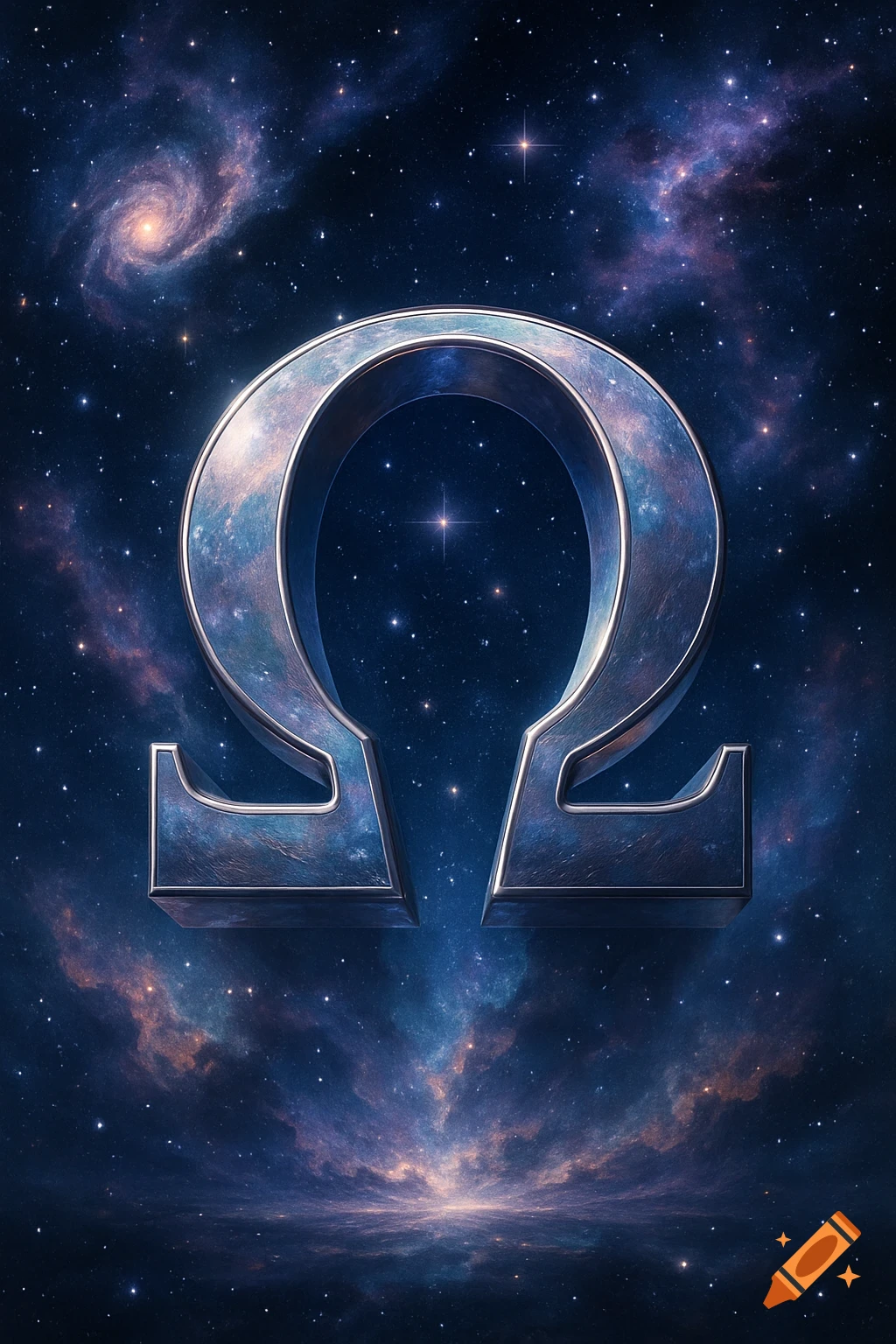 A large, metallic, 3D Greek letter Omega floats in deep space, surrounded by stars, galaxies, and colorful nebulae.