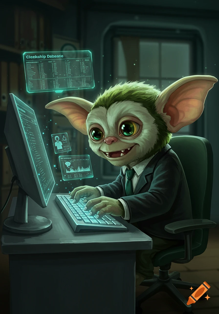 A green gremlin-like creature in a suit diligently types on a glowing keyboard at a desk with holographic screens, digital art style.