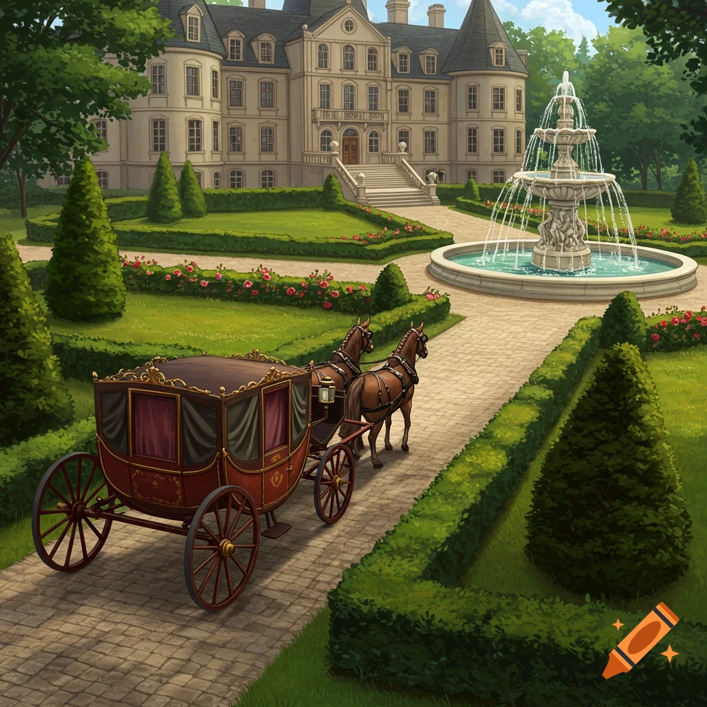 A fancy horse-drawn carriage approaches a grand noble estate with a large front garden and fountain in a fantasy art style.