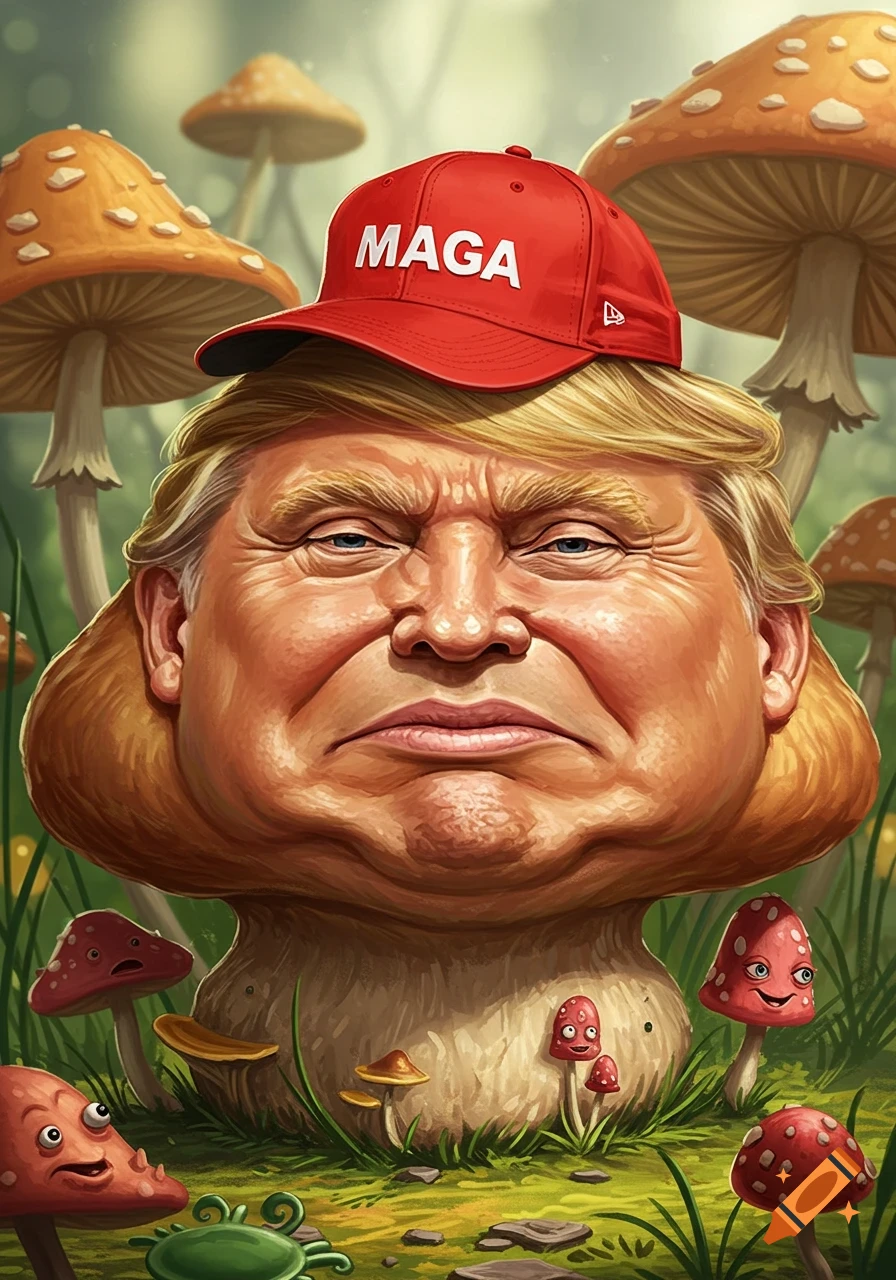 Caricature of Donald Trump's face as a mushroom wearing a red MAGA hat, surrounded by whimsical mushrooms in a forest.