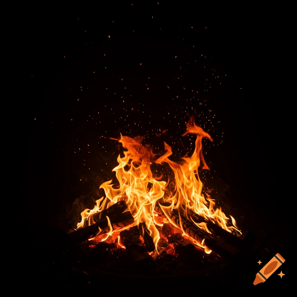 A vibrant campfire with orange and yellow flames and sparks flying against a dark, black background.
