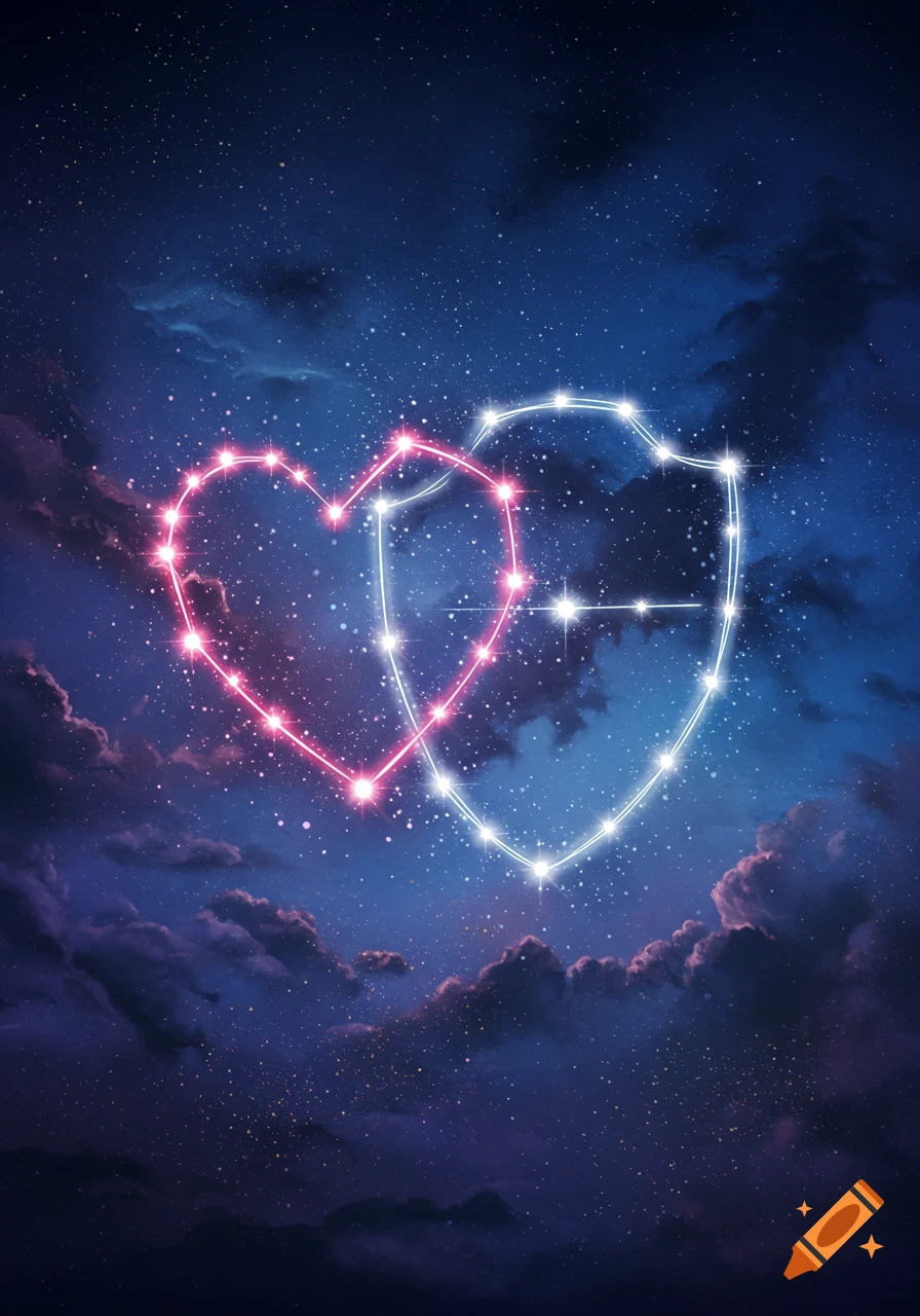 A pink heart constellation and a white shield constellation glow in a dark, star-filled night sky with clouds.
