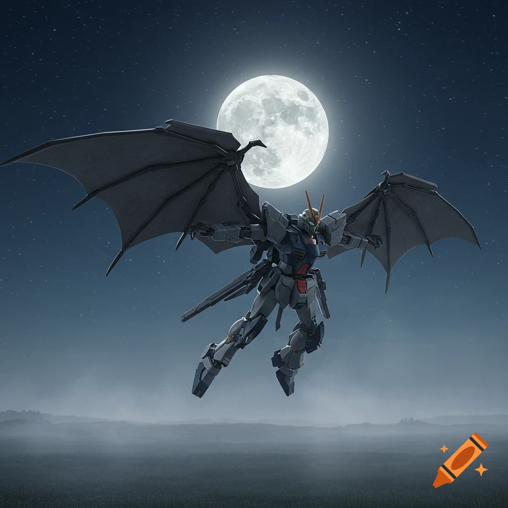 A photorealistic Gundam-like robot with bat wings flies under a full moon and stars, over a misty landscape at night.