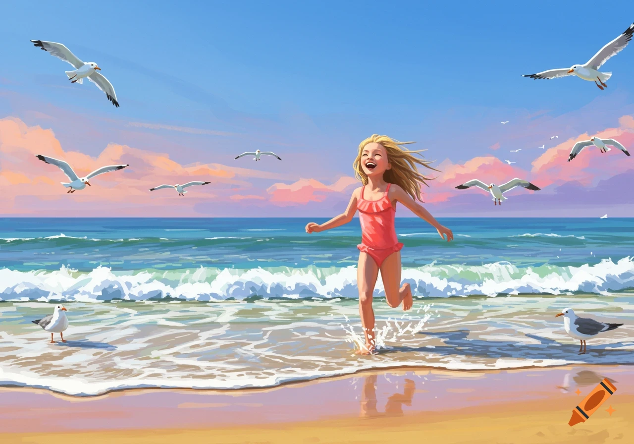 A joyful young girl in a pink swimsuit runs through shallow ocean waves on a sandy beach, with seagulls flying under a blue sky. Illustration.