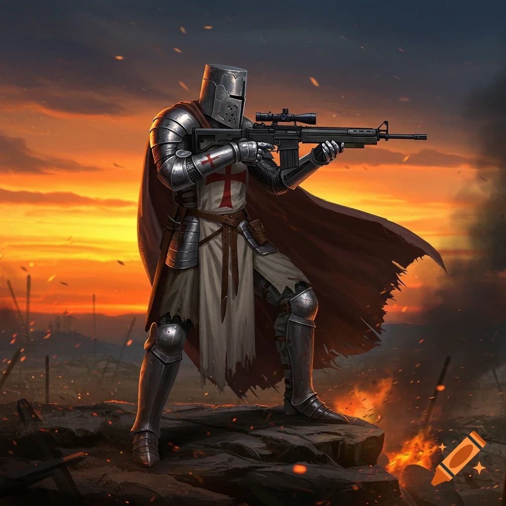A heavily armored knight in full plate, with a red cross on his tunic and shoulder, holding a modern rifle on a fiery battlefield at sunset. Digital art.