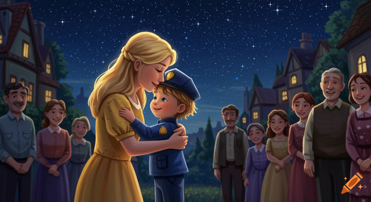 A cartoon mother hugs her child in a police uniform, surrounded by smiling townspeople under a starry night sky.