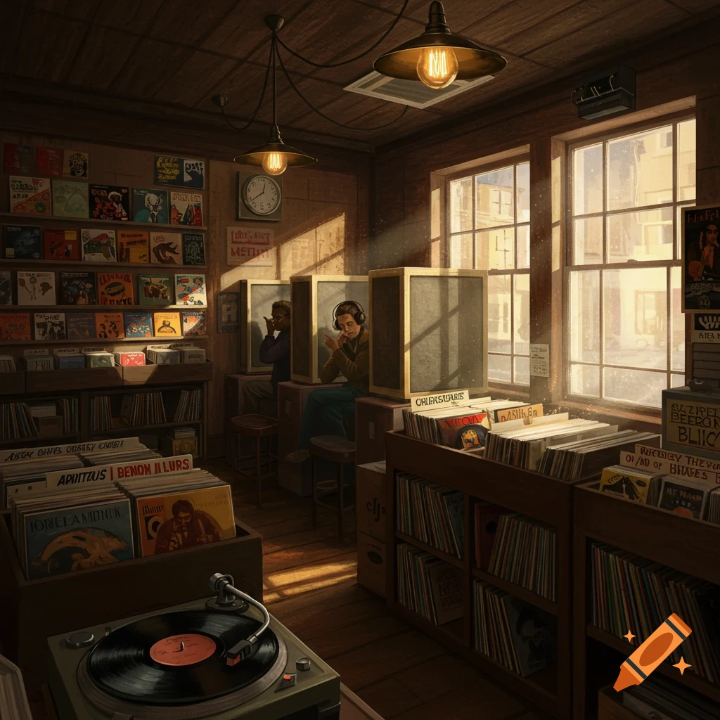 Warmly lit vintage record store with two people listening to records in booths and a turntable in the foreground.
