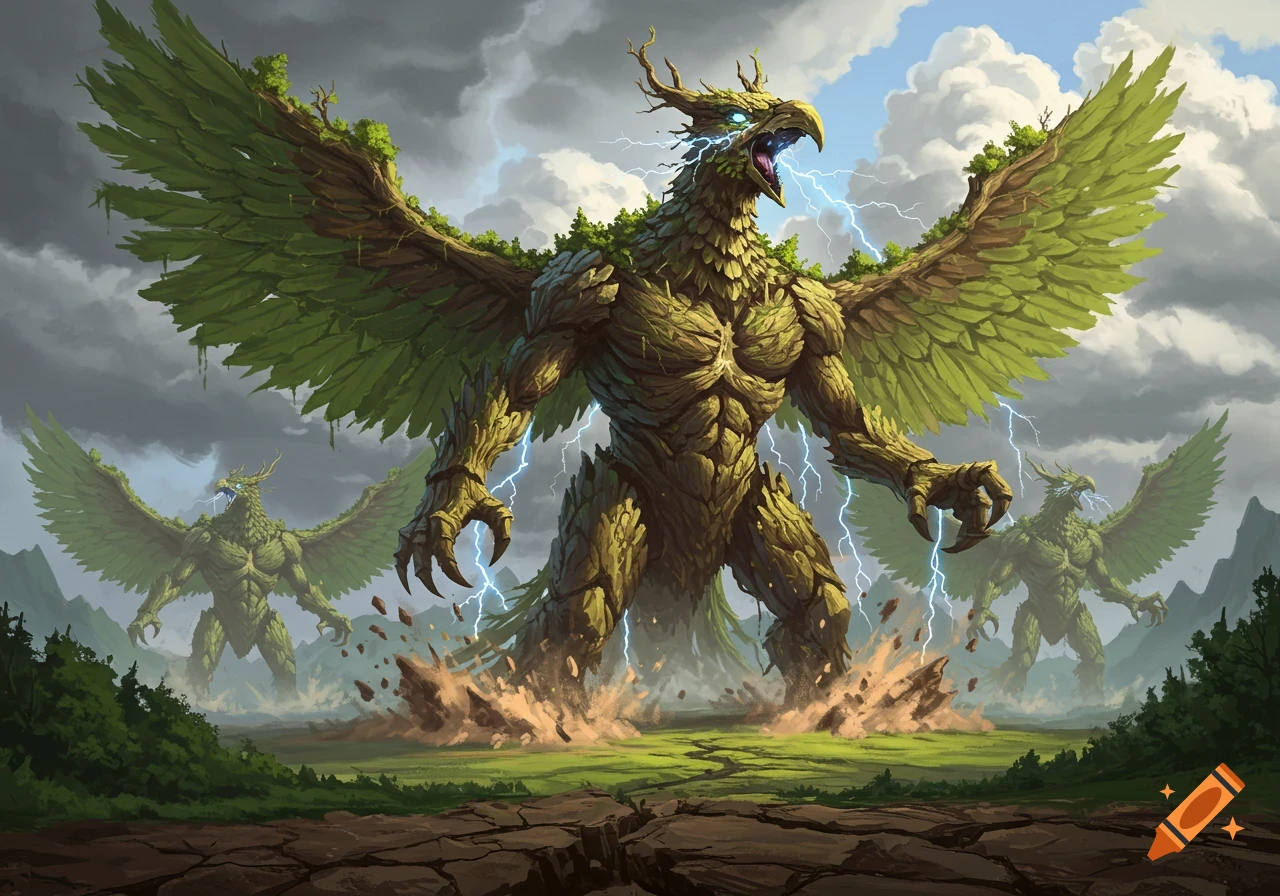 Giant bird-like earth monsters, made of roots and rocks, burst from cracked ground with lightning in a dramatic fantasy landscape.