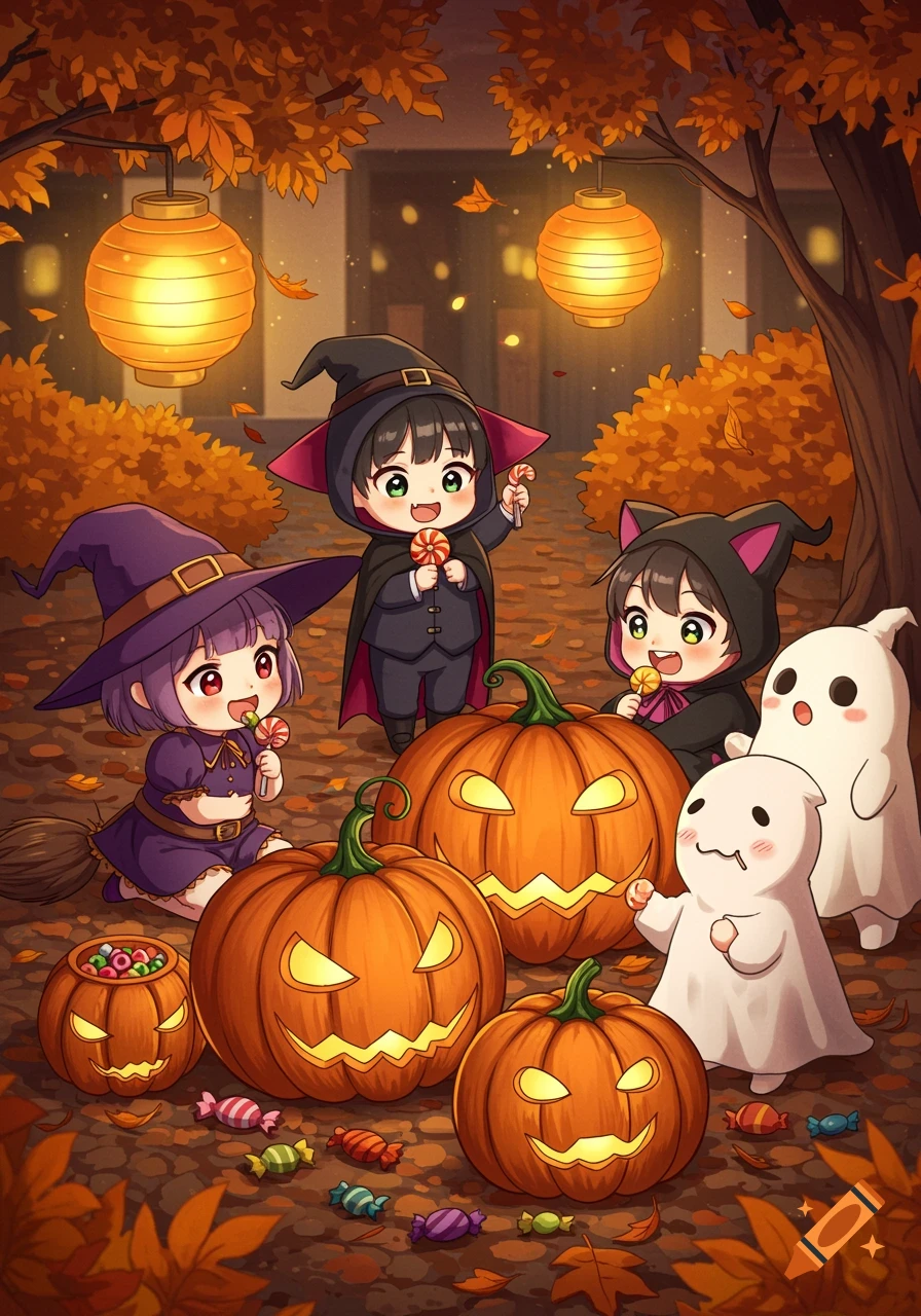 Cute kawaii anime children and chibi ghosts in Halloween costumes, holding lollipops among glowing jack-o'-lanterns and autumn leaves.