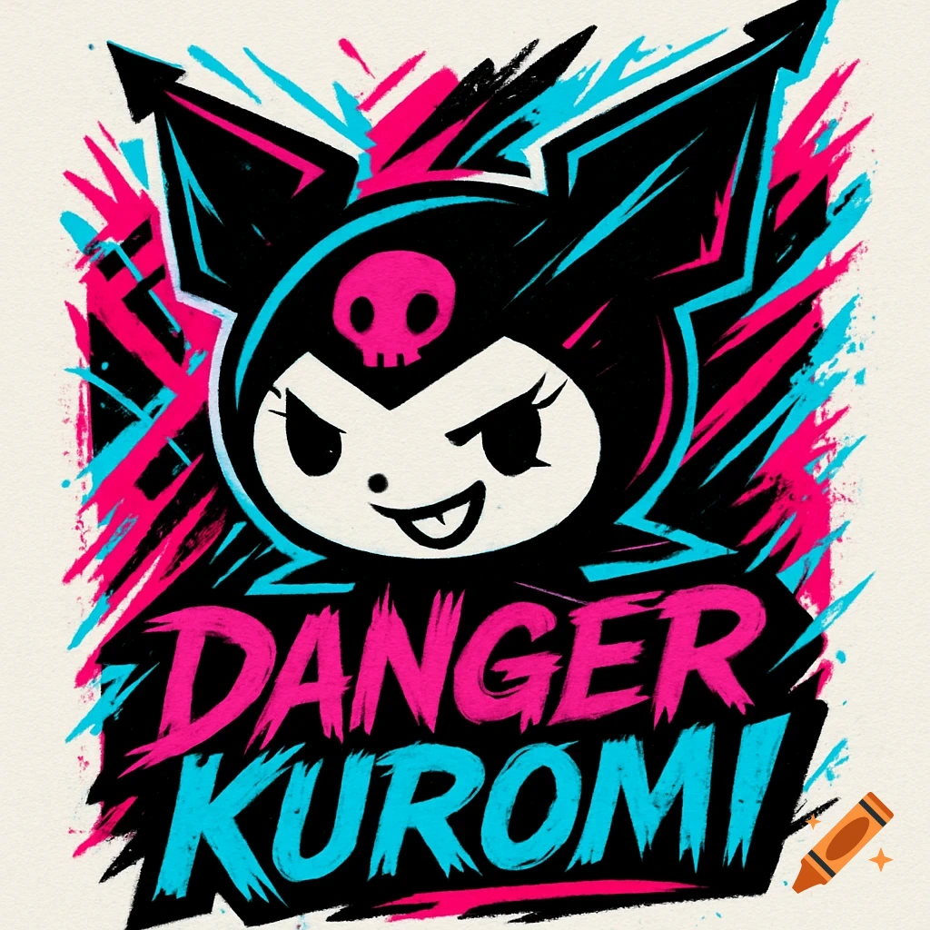 Stylized black, pink, and blue logo of Kuromi's head with sharp features and the words 'DANGER KUROMI'.
