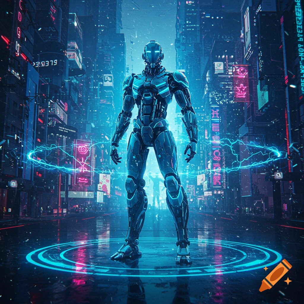 A glowing blue robot stands on a light-up ring in a dark, neon-lit cyberpunk city.