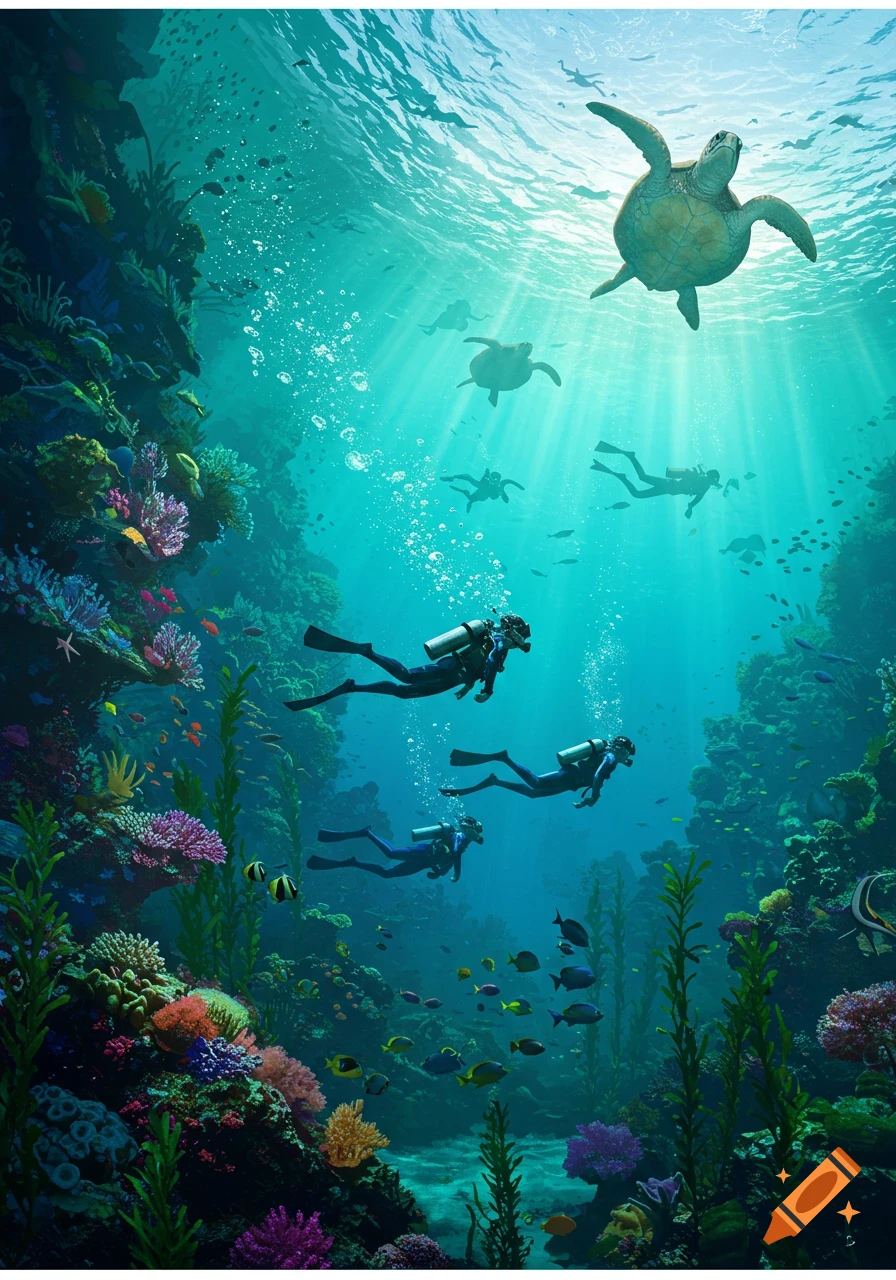 Scuba divers swim alongside sea turtles in a vibrant, sunlit coral reef filled with colorful fish, photorealistic style.