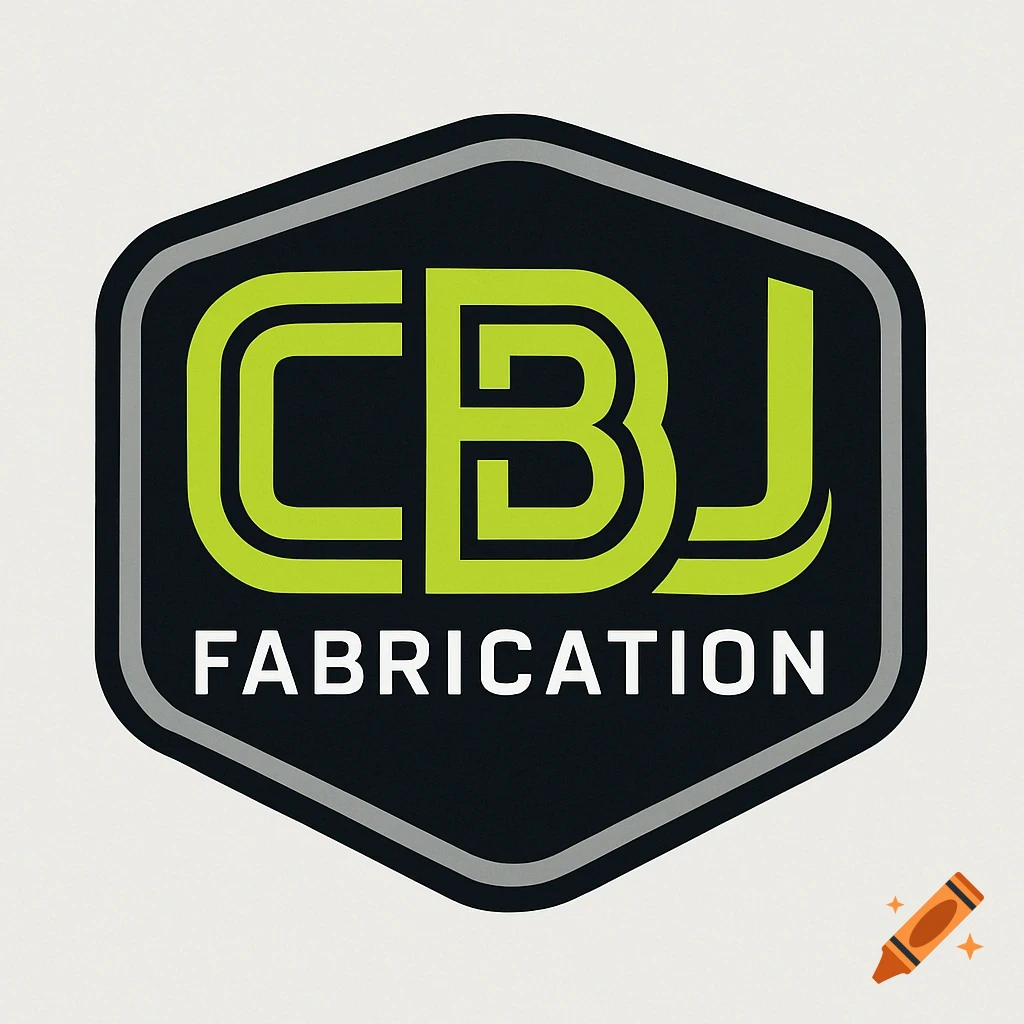A modern logo for CBJ FABRICATION in lime green, black, and grey, featuring stylized initials within a hexagonal shape.