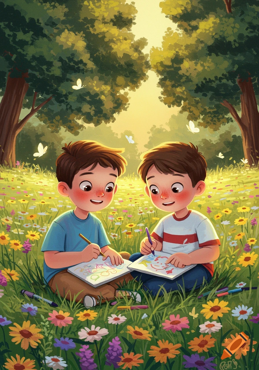 Two cute cartoon boys draw happily in a sunny, flower-filled meadow with butterflies and trees. Whimsical illustration.