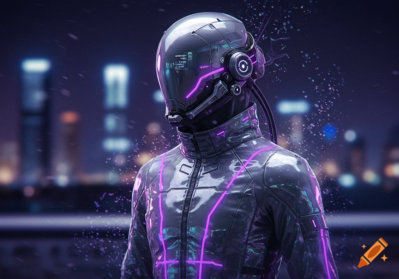 A person in a glossy silver and purple futuristic sci-fi outfit with a helmet featuring a glowing visor, in a dark city setting.