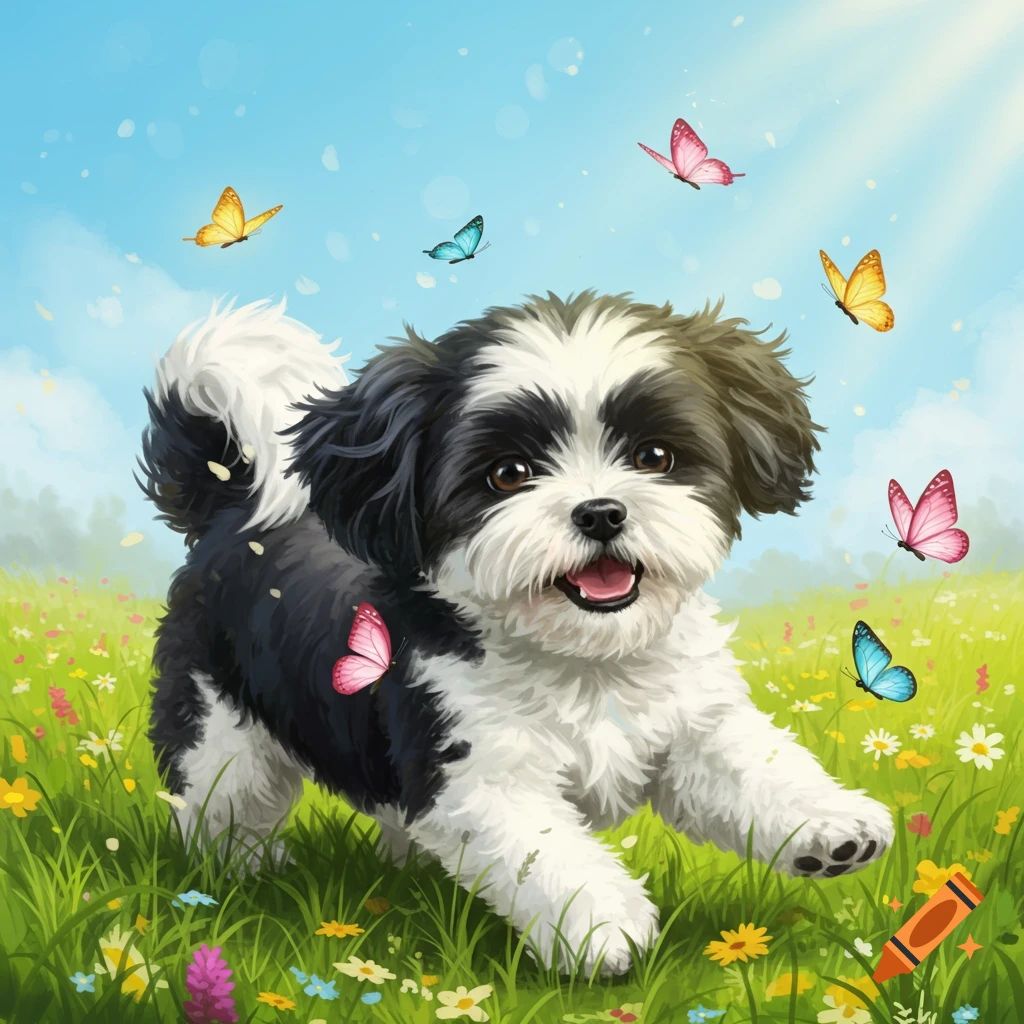 A vibrant illustration of a happy black and white Shih Tzu dog running through a sunny green field with colorful butterflies and small flowers.