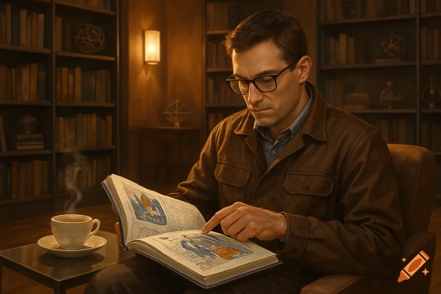 A man with glasses reads an illustrated book in a cozy, dim library next to a steaming cup of coffee.