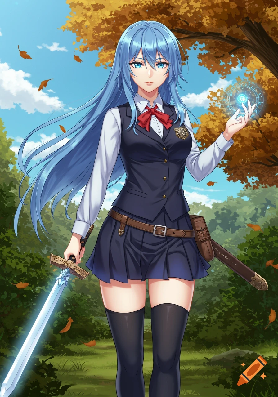 An anime girl with long blue hair and blue eyes, wearing a school uniform, holds a glowing sword and casts magic in an autumnal forest.