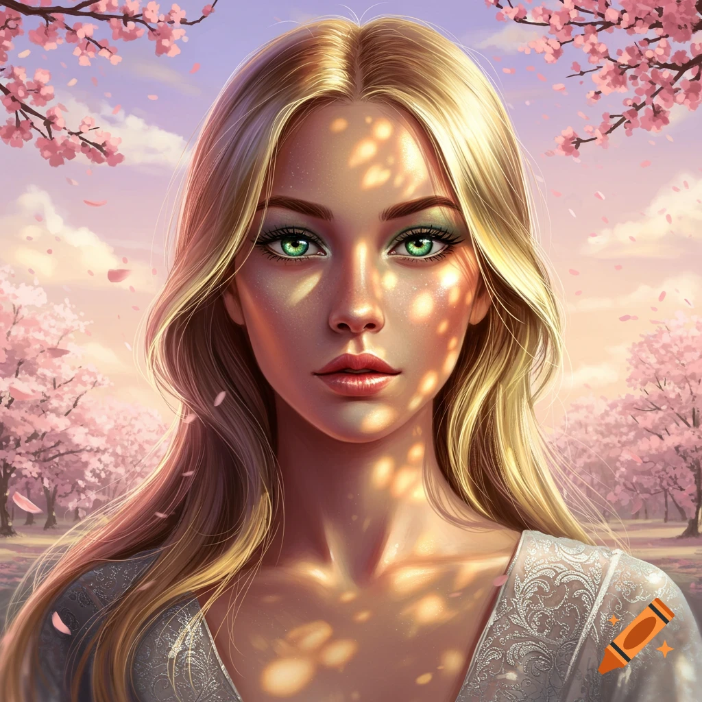 A stylized portrait of a beautiful blonde woman with green eyes, bathed in dappled sunlight among pink cherry blossoms.