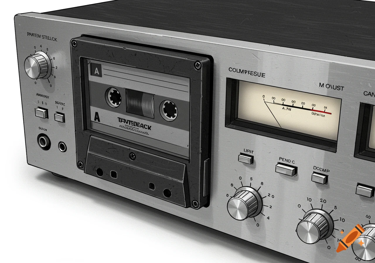 A close-up of a silver and black vintage cassette tape deck with various buttons, knobs, and a visible cassette tape inside.