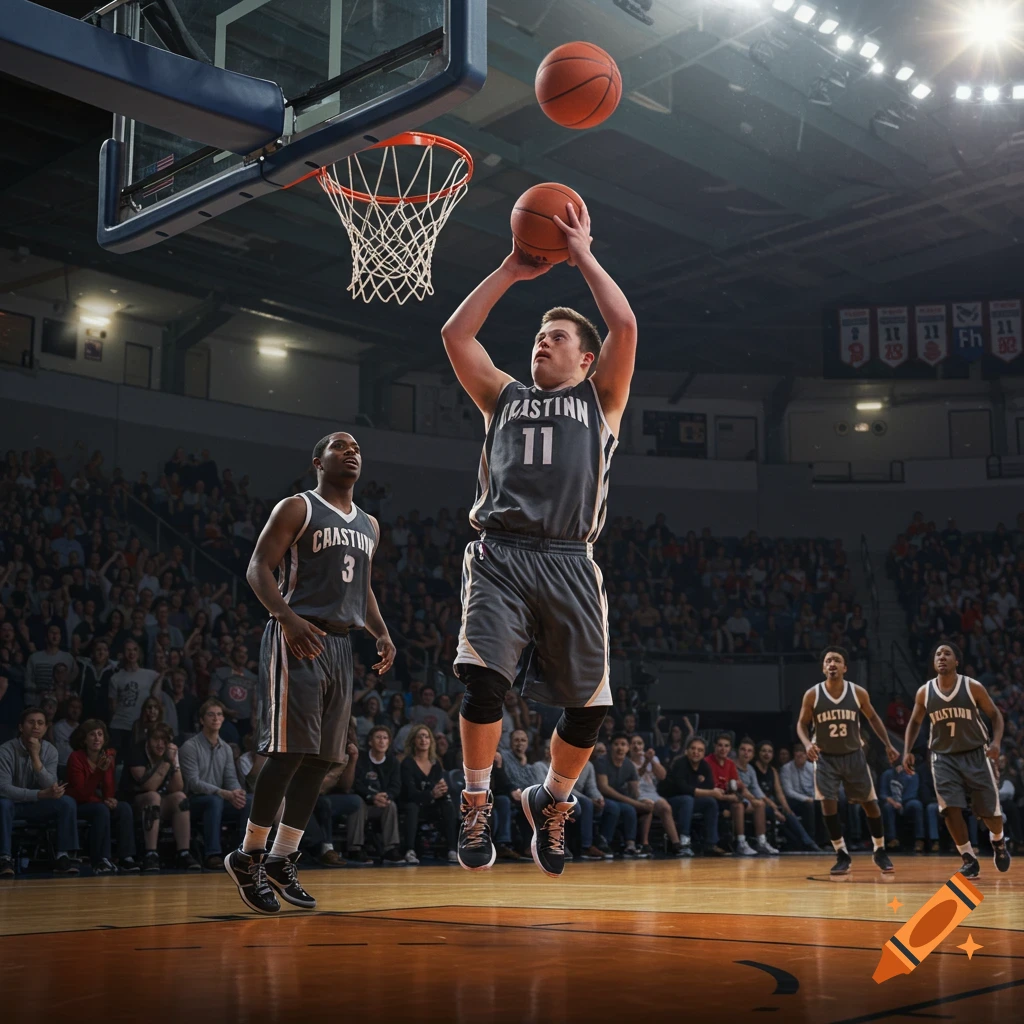 A photorealistic image of a basketball player in mid-air shooting a basketball during a game, with other players and spectators.