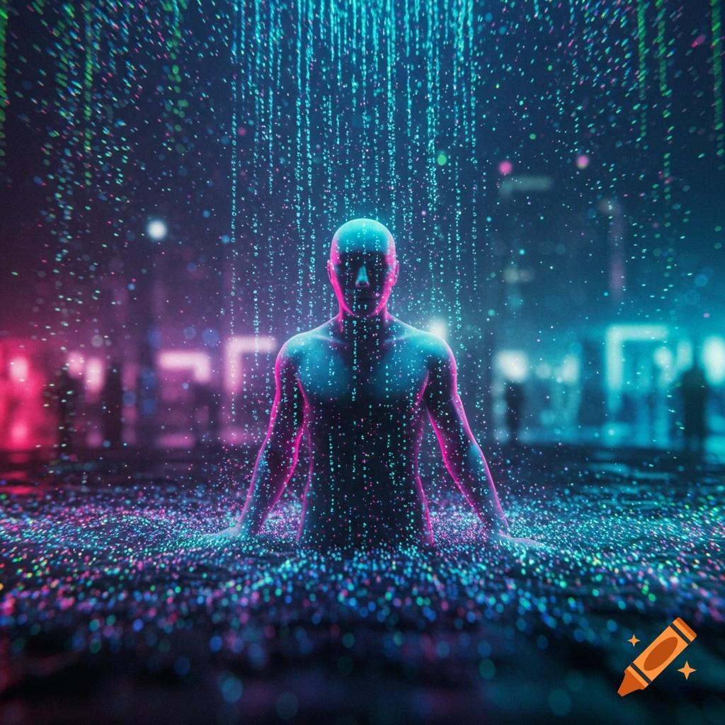 A neon-colored human figure emerges from a vibrant field of glowing digital particles, with data rain falling in a futuristic, sci-fi scene.