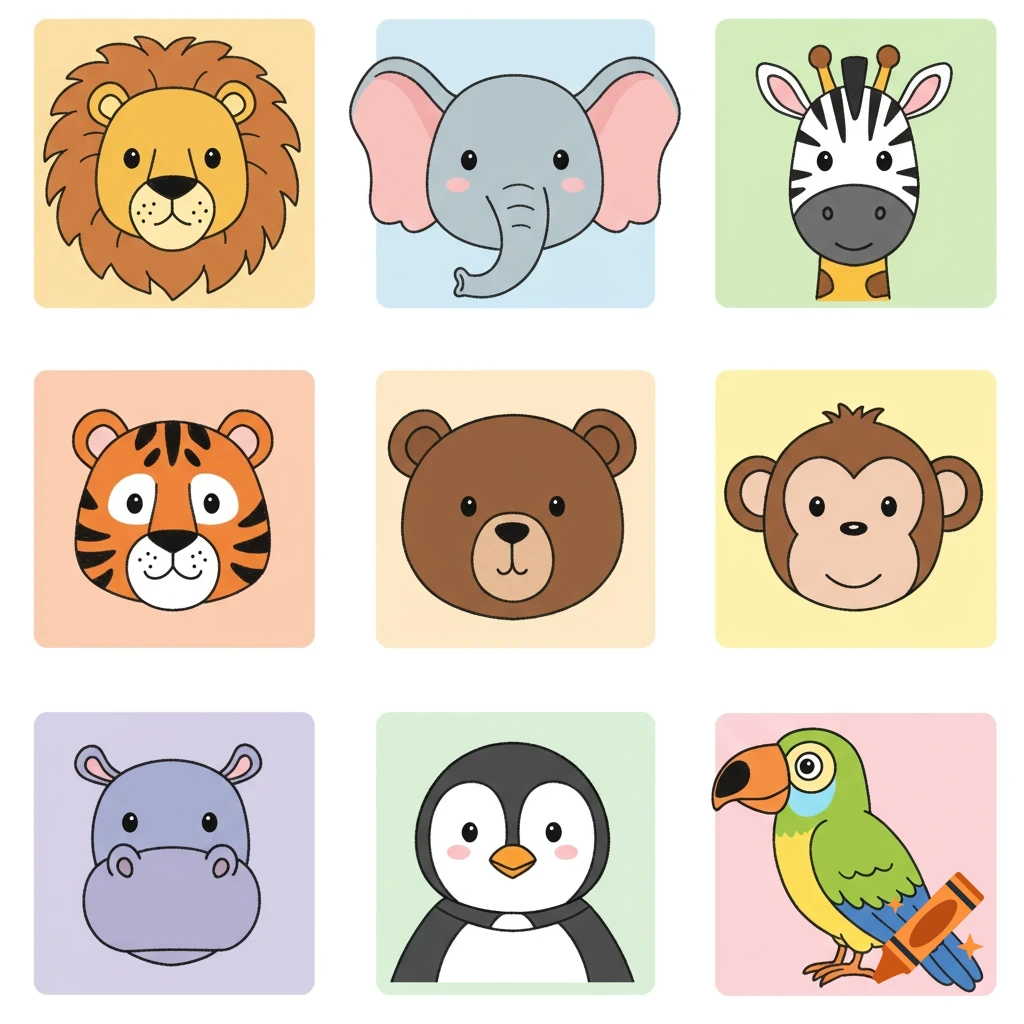 Nine colorful cartoon animal faces including a lion, elephant, giraffe, tiger, bear, monkey, hippo, penguin, and parrot.