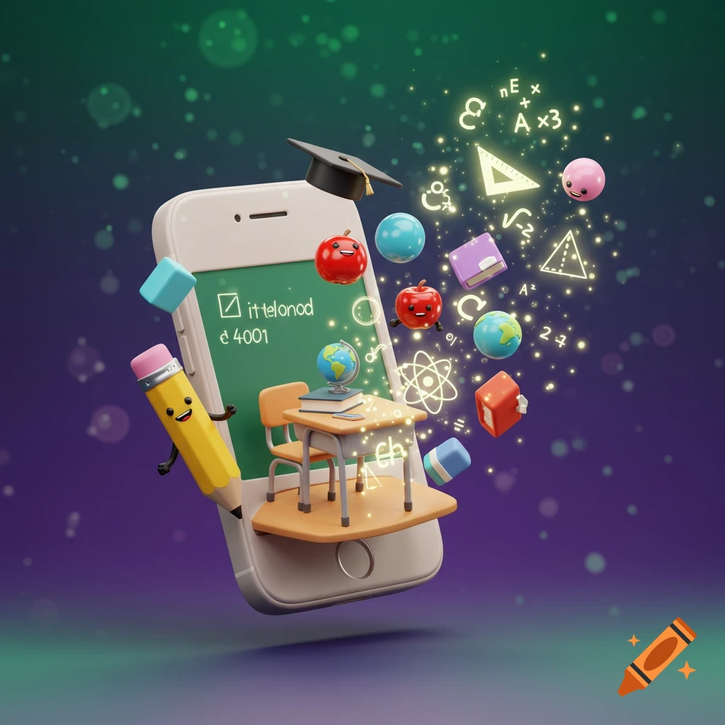 A whimsical 3D illustration of a smartphone with a classroom scene, surrounded by floating cartoon school supplies and glowing educational symbols.