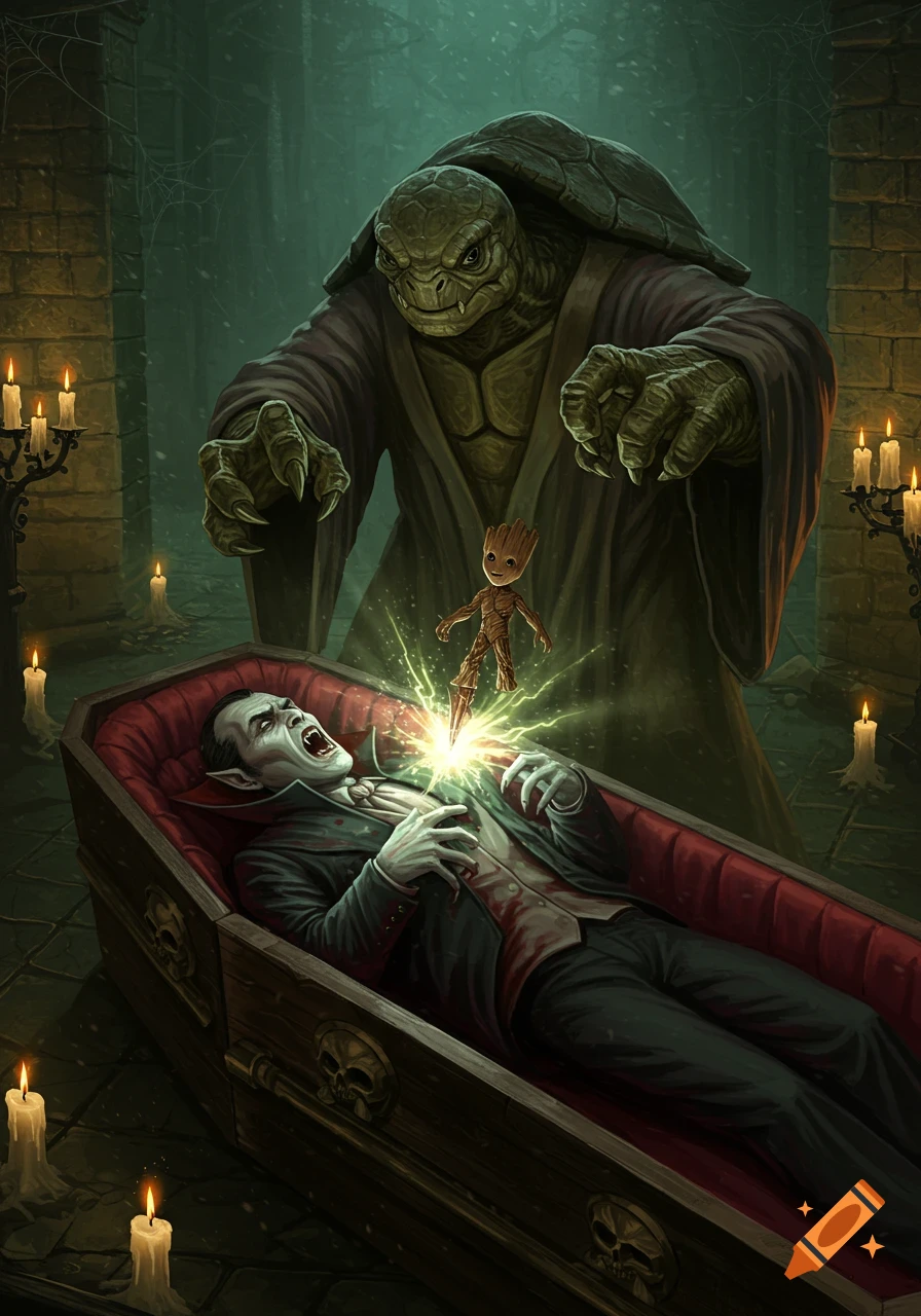 A large turtle-man watches Baby Groot stake a vampire in a coffin in a dark, candlelit dungeon.