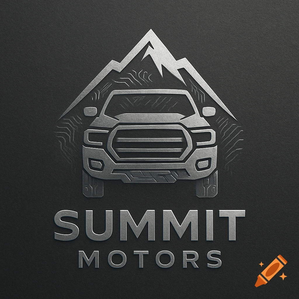 Metallic gray logo for Summit Motors, featuring a mountain peak and a pickup truck grille on a dark background.