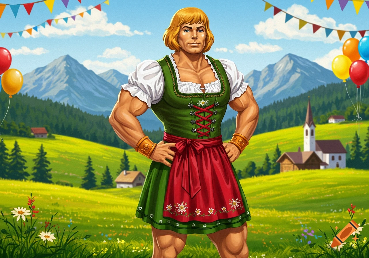 He-Man in a green and red dirndl dress stands in a sunny alpine meadow with mountains, balloons, and bunting.