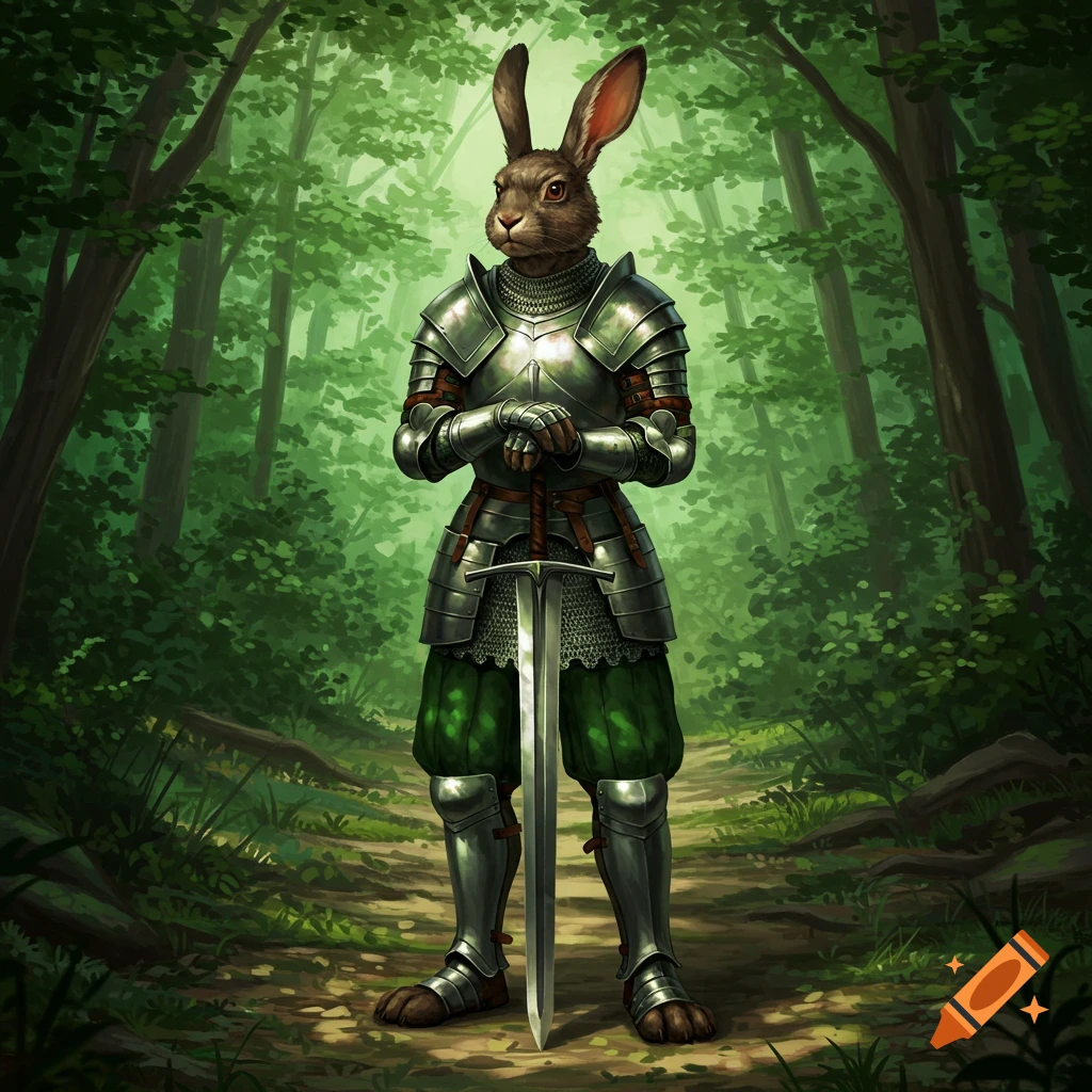 A humanoid rabbit knight in shining medieval armor stands on a forest path, leaning on a great sword.
