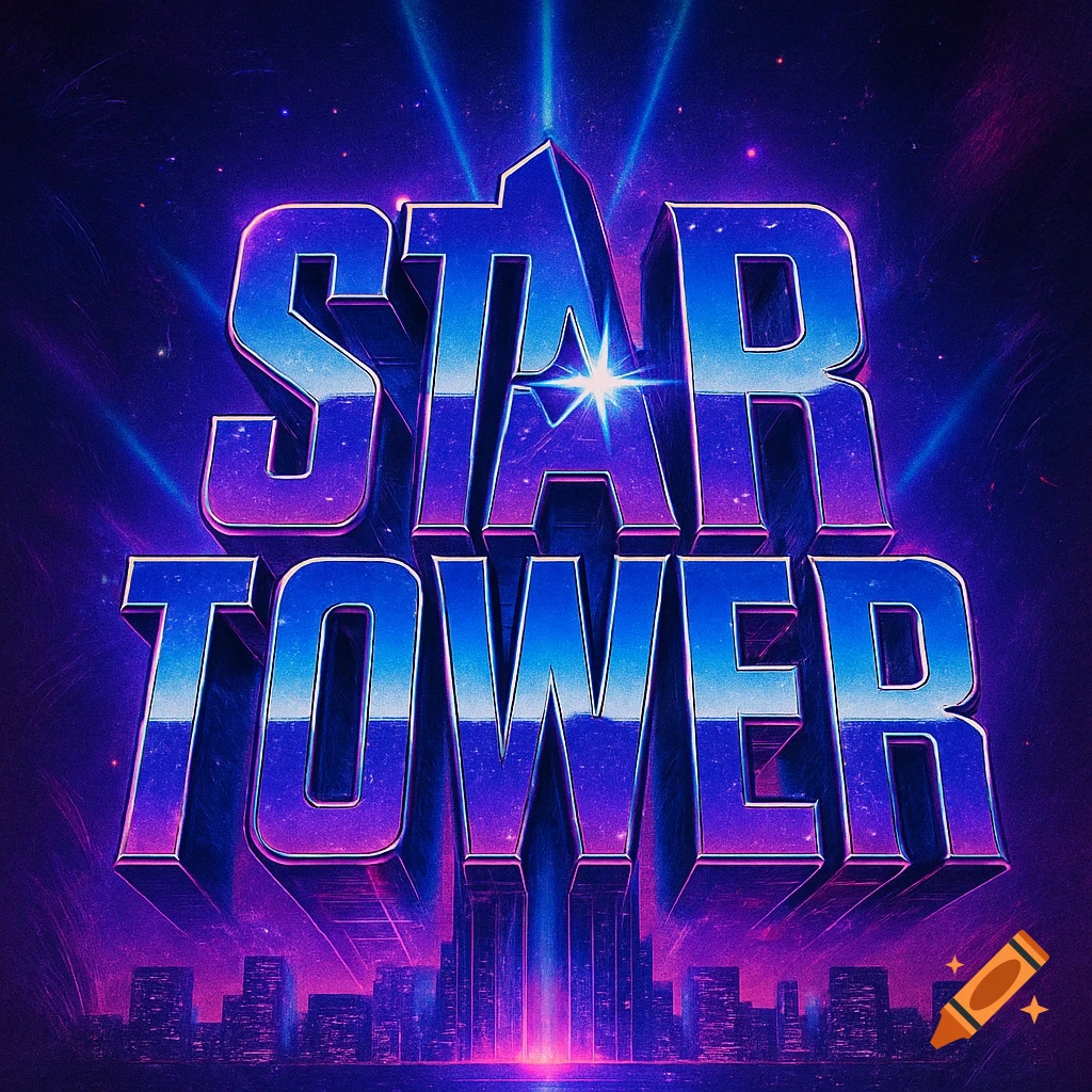 3D chrome text 'STAR TOWER' in blue and violet neon, glowing over a cyberpunk cityscape with bright light beams.