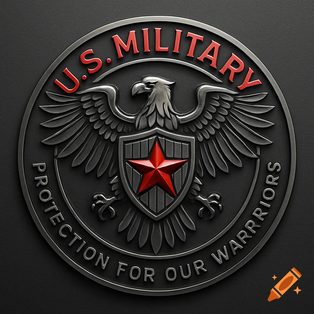 A round, embossed gunmetal military logo featuring a stylized eagle holding a shield with a red star, with "U.S. MILITARY" and "PROTECTION FOR OUR WARRIORS" in red and gunmetal text.