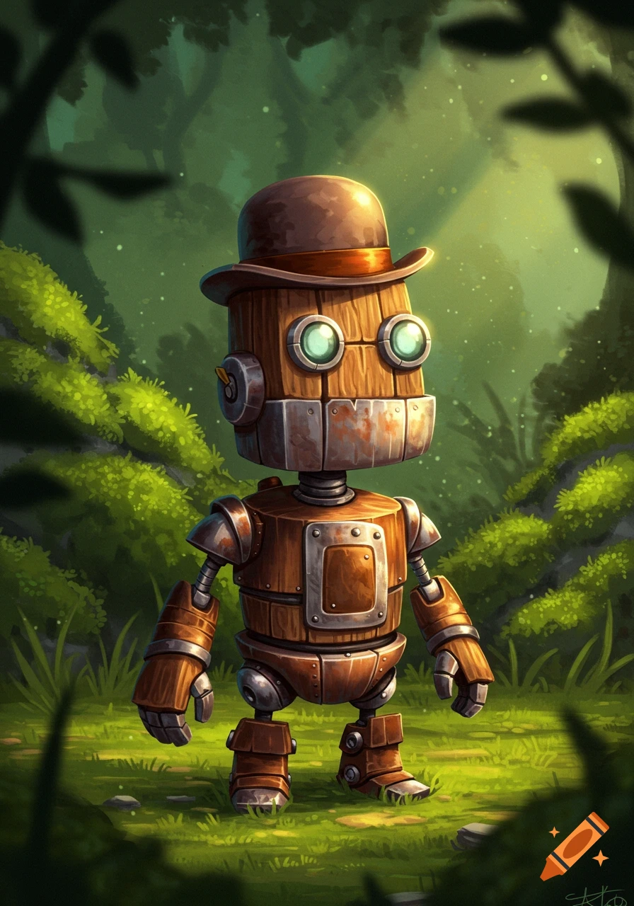 A whimsical, steampunk-style robot made of wood and metal, wearing a bowler hat, stands in a lush green forest.