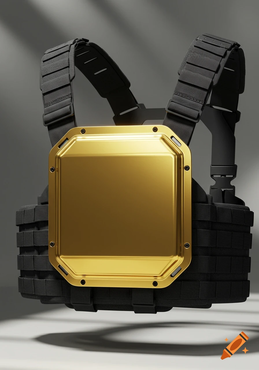A black tactical chest rig with a large, reflective gold square plate against a grey background.