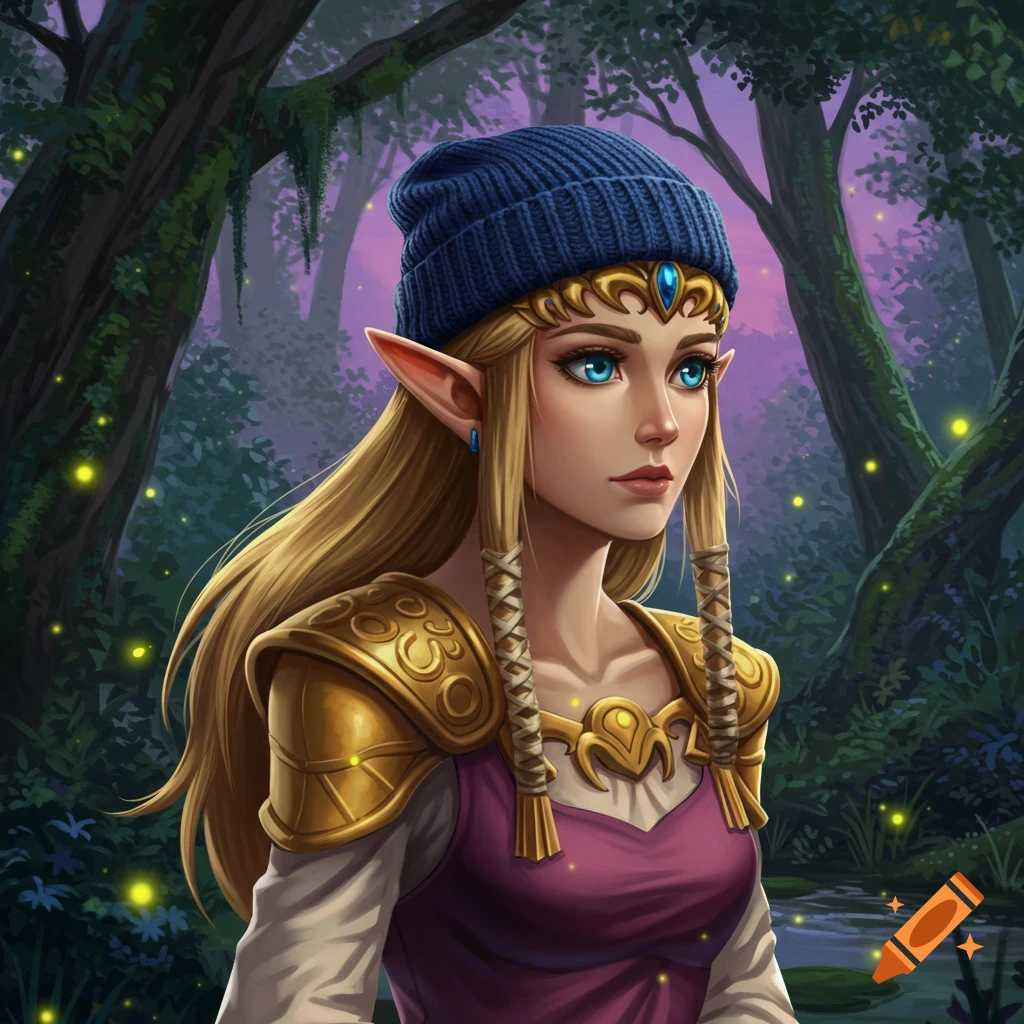 Princess Zelda with blonde hair, blue eyes, and elf ears wears a blue beanie and golden armor in a mystical forest with fireflies, digital art.
