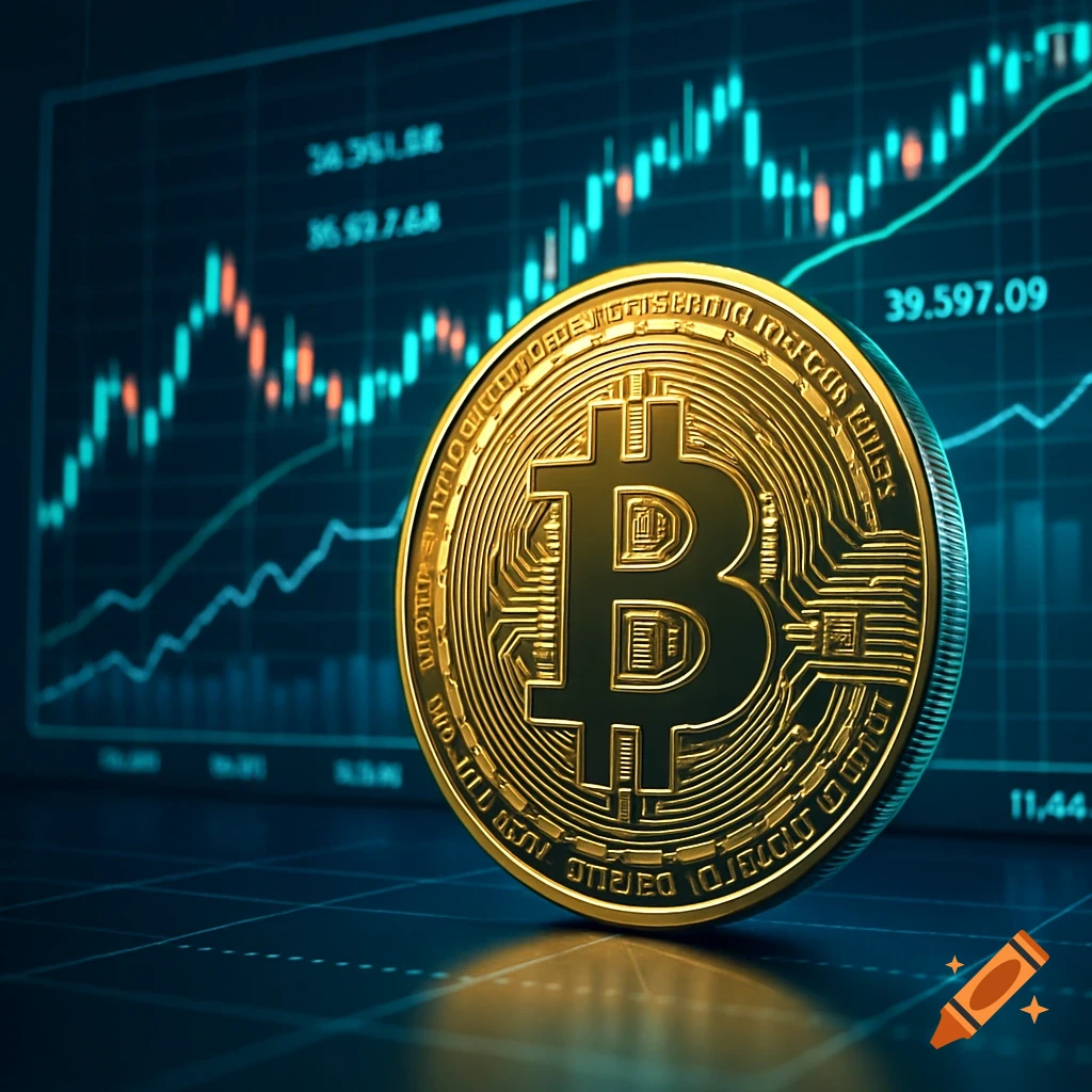 A golden Bitcoin coin with circuit board patterns stands before a digital stock chart showing upward trends.