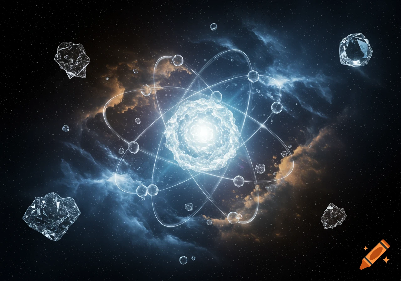 A glowing atom with electrons orbiting its nucleus, surrounded by crystalline structures and a blue and orange nebula in deep space.