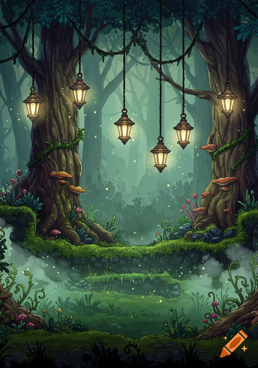 Magical 2D forest with glowing lanterns hanging from large trees, lush foliage, mushrooms, and a misty atmosphere.