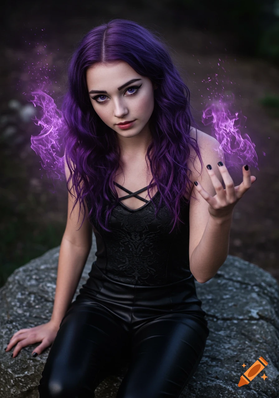Photorealistic portrait of a young woman with dark purple hair and eyes, black leather romper, sitting on a rock with purple magic emanating from her hand.