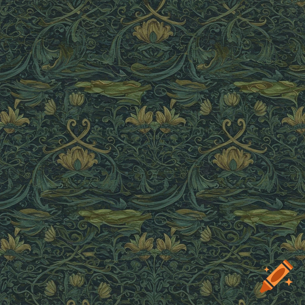 A seamless, intricate floral and leafy pattern in dark green, teal, and gold, in the style of William Morris or Art Nouveau.