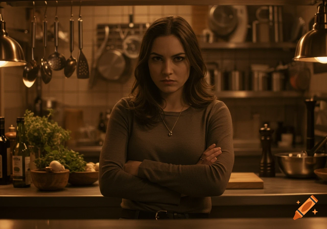 A stern woman with long brown hair stands with crossed arms in a dimly lit kitchen, looking directly at the viewer.