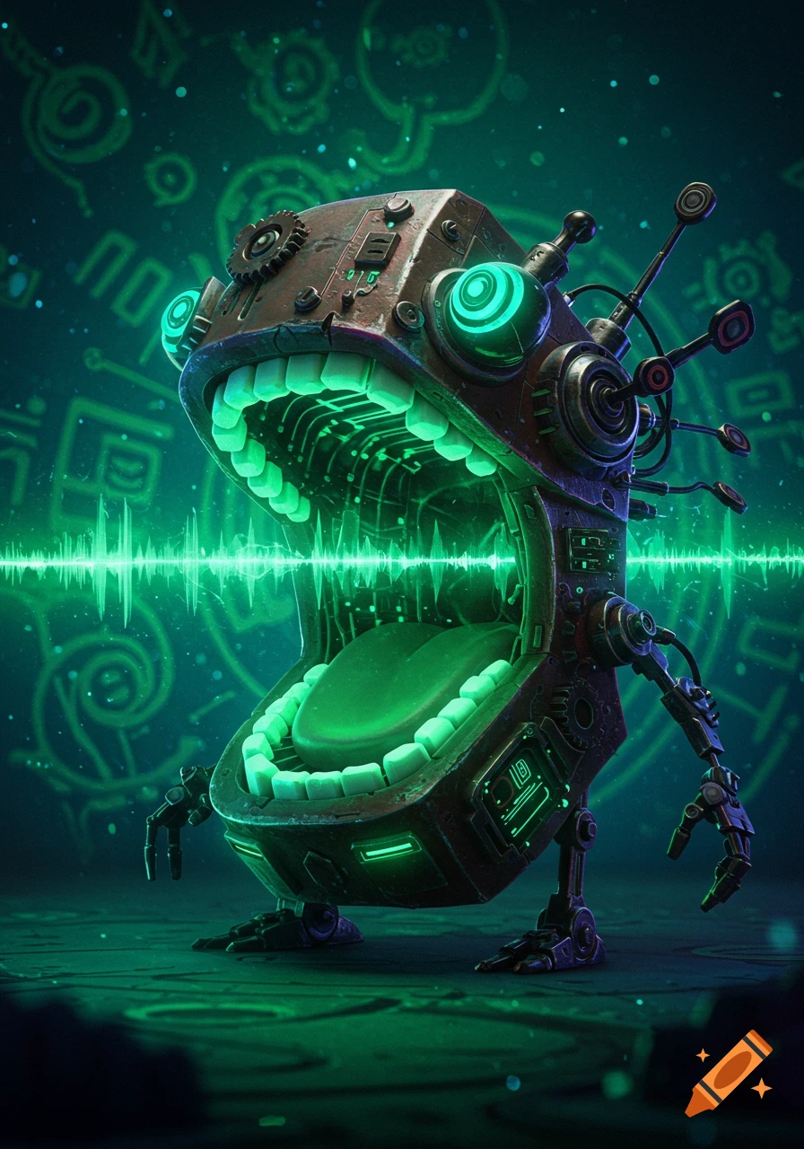 A futuristic, rusty robot creature with a large, glowing green mouth and sound waves emanating from it, set against a dark, circuit-patterned background.