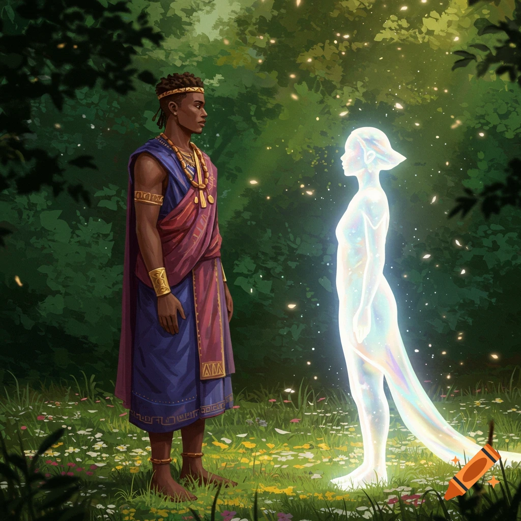 An illustration of an African man in ornate garments facing a glowing ethereal figure in a magical forest.